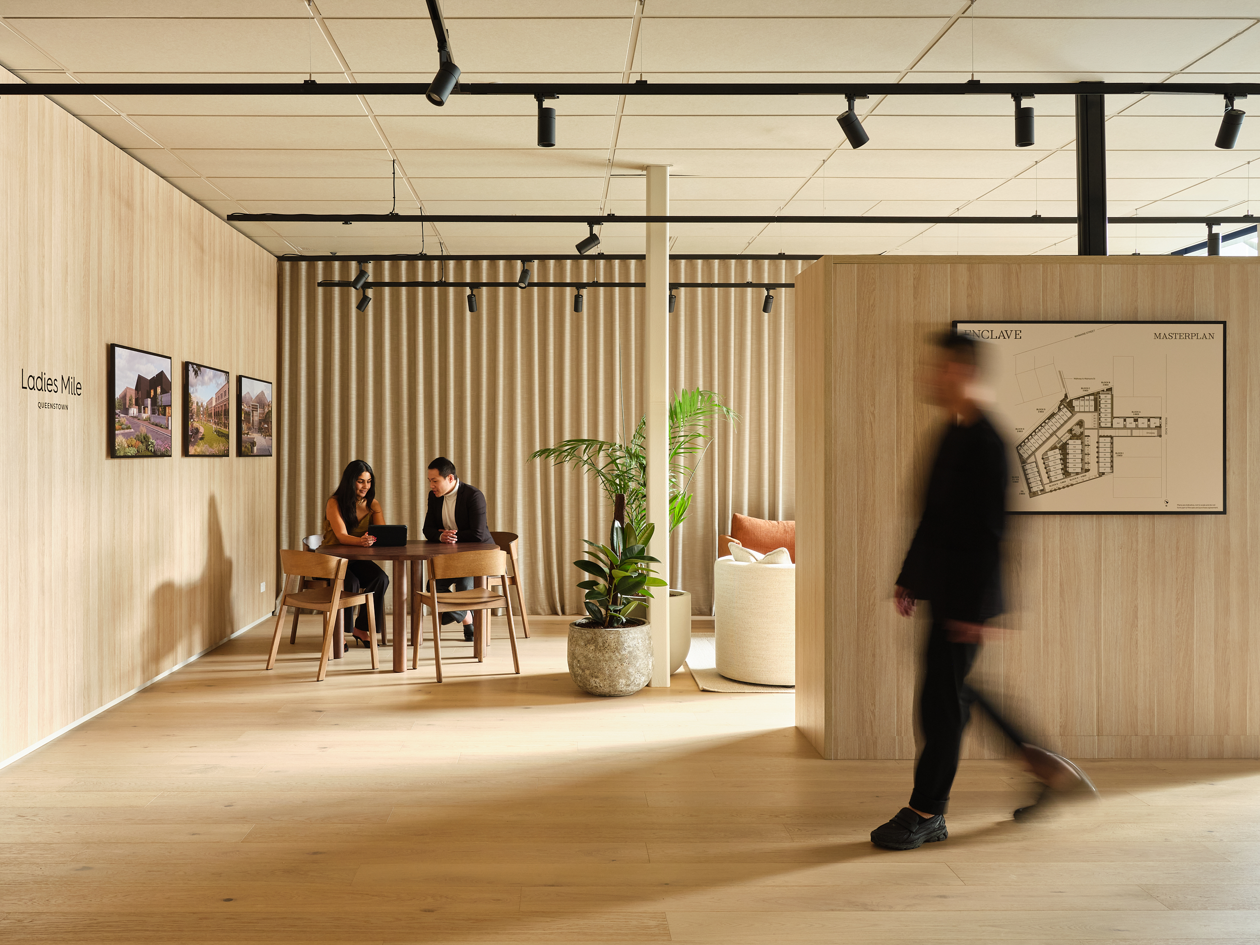Warm timber interiors and project displays at Clarke Group’s St Heliers sales suite